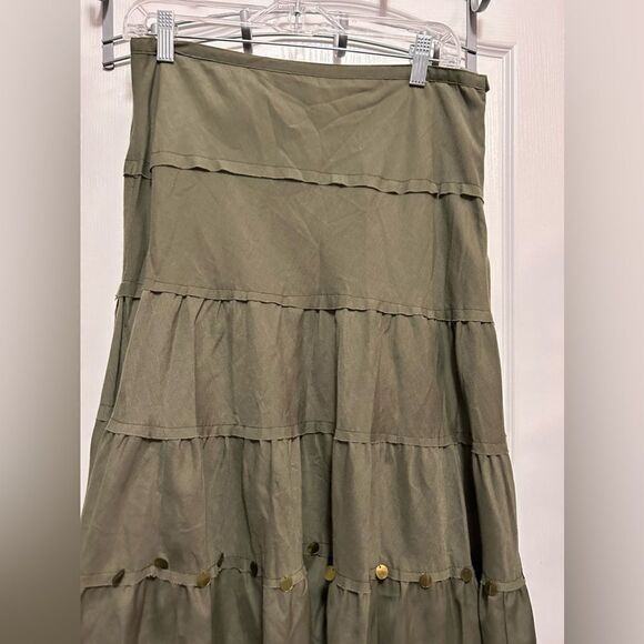 L'Pogee tiered maxi Ruffle Skirt Size medium NWT olive green boho gypsy festival - Picture 3 of 16